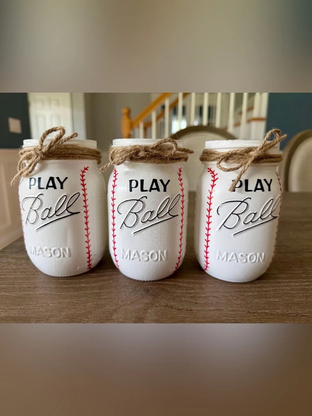 Baseball Mason Jar Vases: Hand Painted Sports Decor, Set of 3